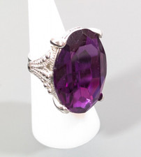 Purple Oval Ornate Cocktail Ring Silver Tone Adjustable Band Size 6.5