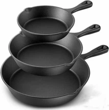 Non-Stick Kitchen Saute fry pan Pre-Seasoned Cast Iron Skillet Set 3Pc 6" 8" 10"