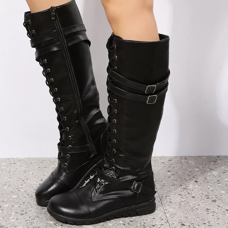 Women Knee High Riding Boots Low Heel Lace Up Side Zipper Military Combat Boots