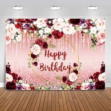 Burgundy Floral Birthday Backdrop Pink Rose Gold Flower Glitter Dot Happy Bir...