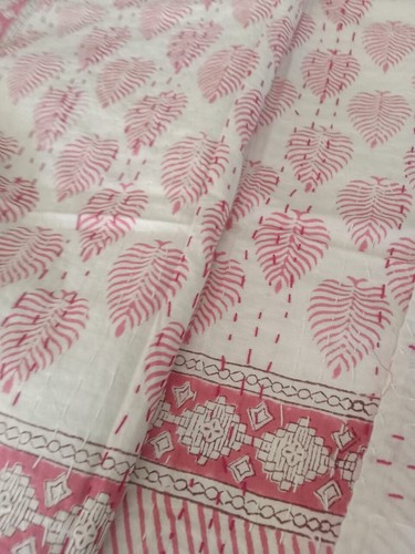 Indian Kantha Handmade Quilt Throw Bedspread Blanket pink Block Print Bedding - Picture 2 of 12