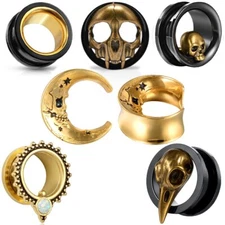 PAIR Black with Gold Interior Screw Fit Tunnels Ear Plugs Earlet Gauges