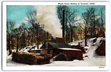 MAPLE SUGAR MAKING IN VERMONT 1900s 3A477-N WB LINEN POSTCARD