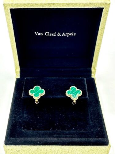 Van Cleef & Arpels Vintage Alhambra Earrings Malachite 18K Yellow Gold - Picture 2 of 9