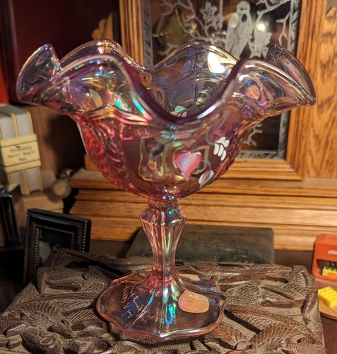 Vintage Fenton 1992 Art Glass SIGNED Hand Painted Floral Pedestal Candy Dish - Bild 1 von 15