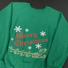 Vintage Hanes Raglan Sweatshirt Large Merry Christmas Santa Sleigh Made in USA