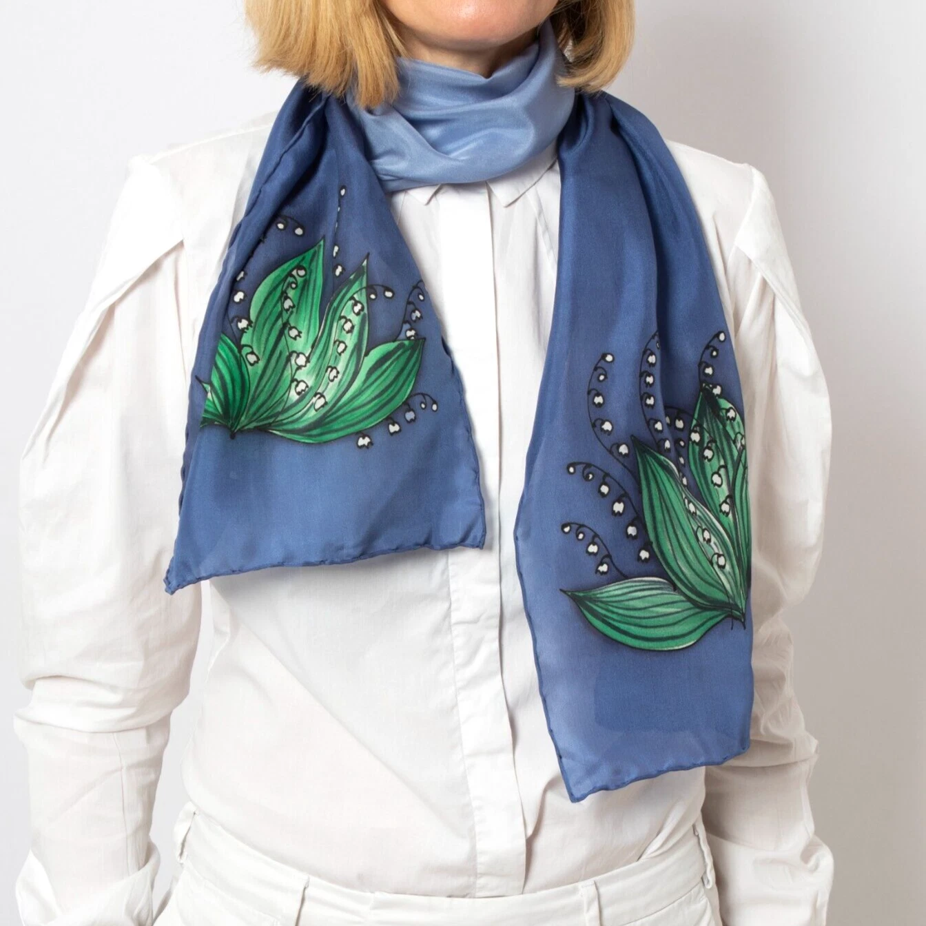 Lily of The Valley Hand Painted Silk Scarf Floral Ombre Blue Scarf Gift for Her