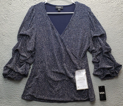 MSK Surplice Top Womens Large Multi Metallic Pleated Fitted Sleeve Wrap V Neck