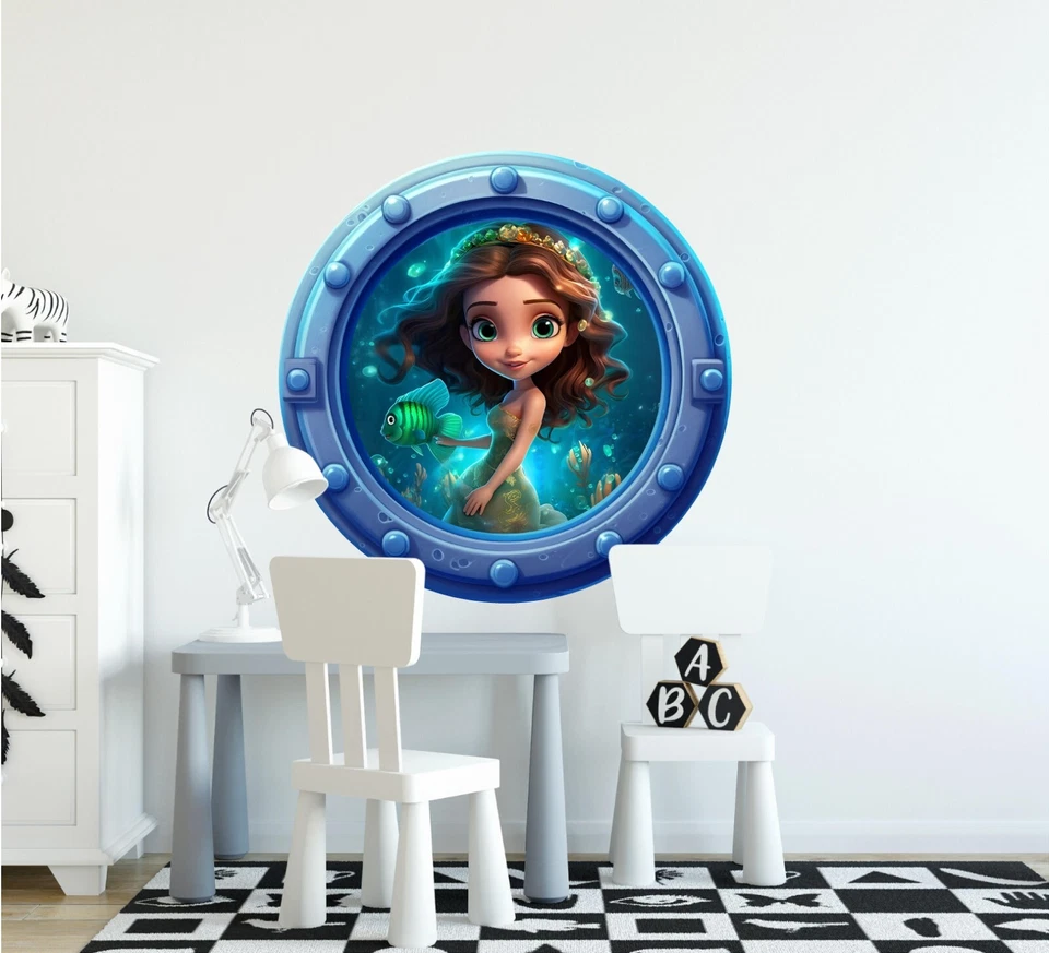 Calcomanía de pared de ventana 3D ojo de buey dibujos animados sirena #3 océano vida marina arte de pared decoración Foto 2 de 4