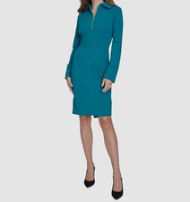 Halston Women's Green Collared Zip-Neck Long Sleeve Sheath Dress Size 14