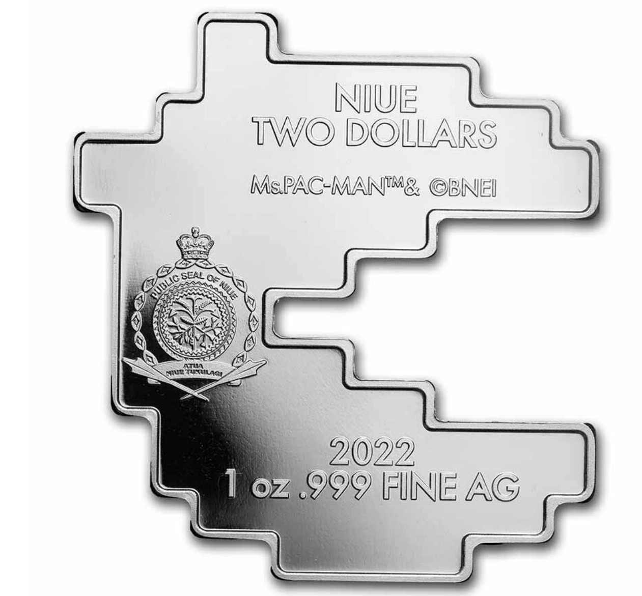 2022 Niue $2  Ms Pac - Man Shaped and Colorized 1oz Silver Sealed