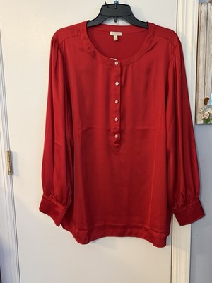 NEW! Talbots Women s Silky Festive Pullover Blouse Crystal Buttons - Red Size 2X