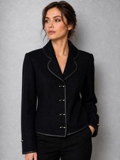 St John Marie Gray Jacket 8 Black Knit Leather Trim Toggle Vintage USA