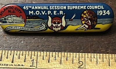 MOVPER, Atlantic City NJ, 1934 Bar Pinback Button 2.5 x 3/8 in.Veiled Prophet