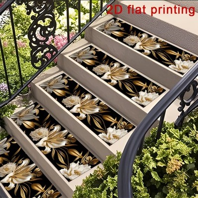 Black and Golden Floral Relief Pattern Stair Treads, Non-slip Step Mats, Prote