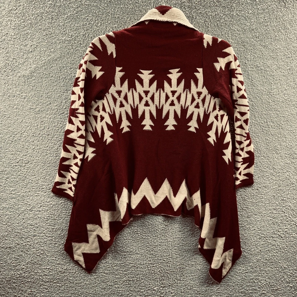 Womens Cardigan S M Burgundy Aztec Knit Open Front Waterfall Hem Boho Southwest - Image 2 of 4