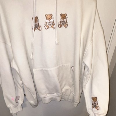 Sunkissed Coconut White Teddy Bear Love You Pullover Hoodie Fleece Pockets L