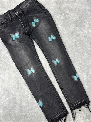 MNML Butterfly Jeans Size 30x32 Black Denim Raw Frayed Hem Straight Leg