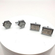 Vintage 60s Mid-Century Silver Tone Cufflink Set Geometric Glass Inlay Jewelry
