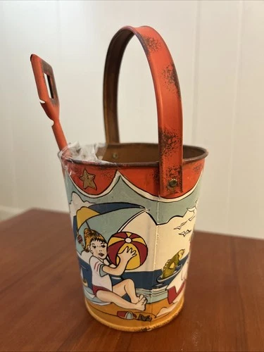 Ohio Art Tin Litho Sand Pail Toddlers At Beach vintage metal bucket W Shovel