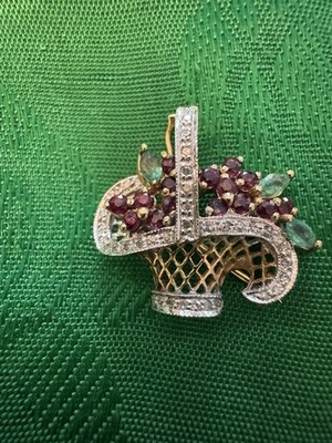 Vintage 14 Karat Gold, Diamonds, Rubies, Emeralds Flower Basket Brooch/Pin