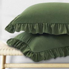 Olive Green Ruffled Pillowcases Set of 2, Standard 20x26, Wrinkle Resistant