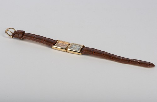 Xanadu Dual Dial Gold Tone Quartz Watch Brown Leather Strap Japan Movement