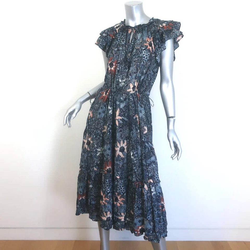 Vestido midi Ulla Johnson Rema manga acampanada en capas azul marino estampado floral talla 6 Foto 4 de 4