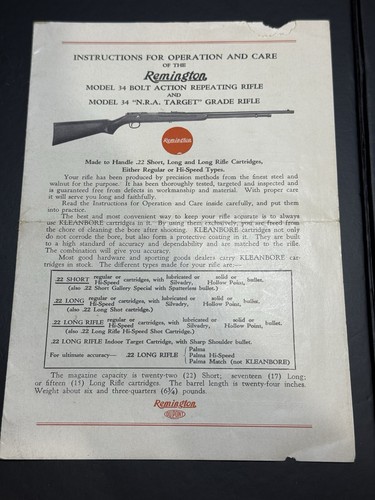 Remington Model 34 Owners Manual Original