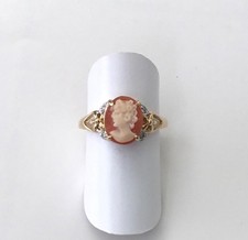 VINTAGE Hand Crafted Cameo W/ Diamonds in 14K Solid Yellow Gold Ring , NEW