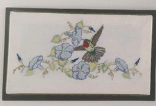 Needlepoint Hummingbird Morning Glory Trumpet Flower Veins Framed 20x12