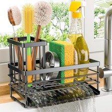 Kitchen Sink Caddy Sponge Holder Stainless Steel Auto Drain Organizer Black Tray