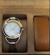 NEW Tory Burch Miller Luggage Leather Strap & Two-Tone Stainless Bracelet Watch