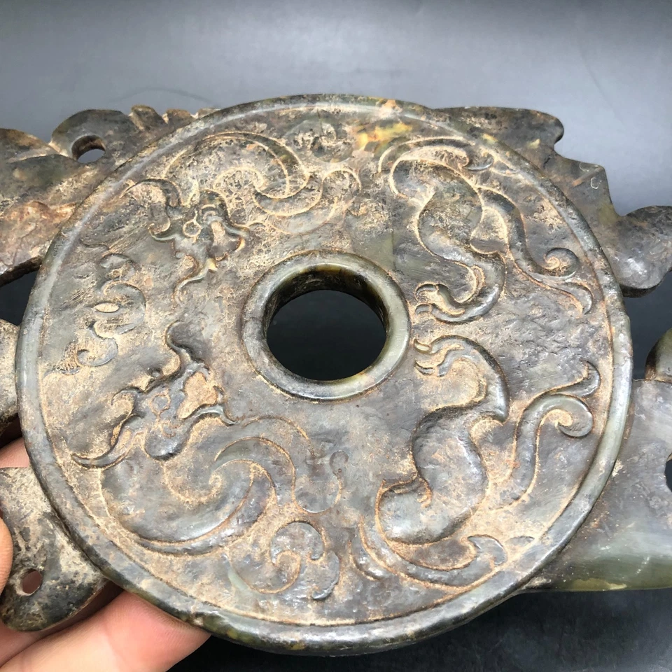 Raro Dragón Fénix "Bi" Yubi L 23,5 cm Tallado Jade Hetiano Antiguo China Dinastía Han Foto 3 de 4