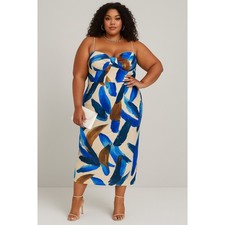 PrettyLittleThing Plus Size 22 Abstract Blue Brushstroke Print Midi Slip Dress 