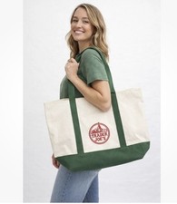 Trader Joe's Large Canvas Tote Bag Green White Heavy Cotton Reusable Lot of 2 