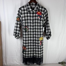Nicole Miller Dress Womens 8 Black White Plaid Floral Embroidered Lace Hem Boho