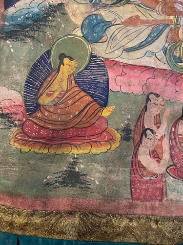 GRANDE COQUILLE CONQUE BOUDDHISTE TIBÉTAIN THANGKA couleurs muettes Bouddha bodhisattva moines - Photo 5 sur 11