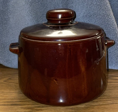 Bean Pot Crock With Lid Made In USA Drip Glaze 5” Tall Dark Brown Vintage