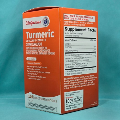 New Walgreens Turmeric Curcumin Complex, 120 Vegeterian Softgels, Exp 12/2025+ - Picture 2 of 2