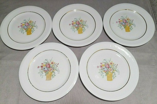 5 Vtg Cronin China 9" Luncheon Plates Center Basket of Flowers Ribbed Edge Gold - Picture 4 of 9