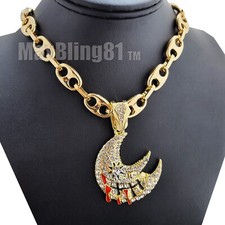 Iced Gold plated Cubic Zirconia Soul Eater Moon Pendant  Marina Chain Necklace