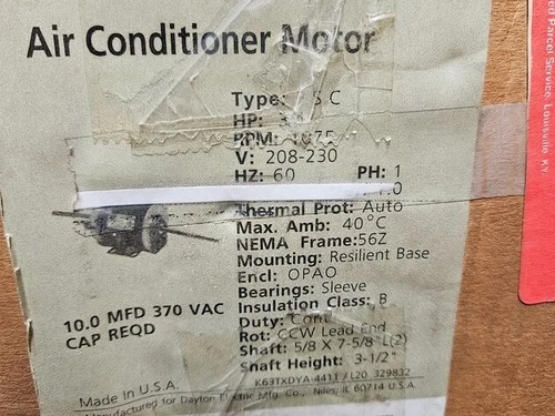 Dayton Air Conditioner Motor 3/4hp, 208-230V, 3M825/3M825A Trane MOT6291- NOS