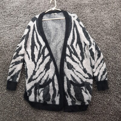 Easel Open Cardigan Sweater Women Medium Black Zebra Shaggy Slouchy Outerwear