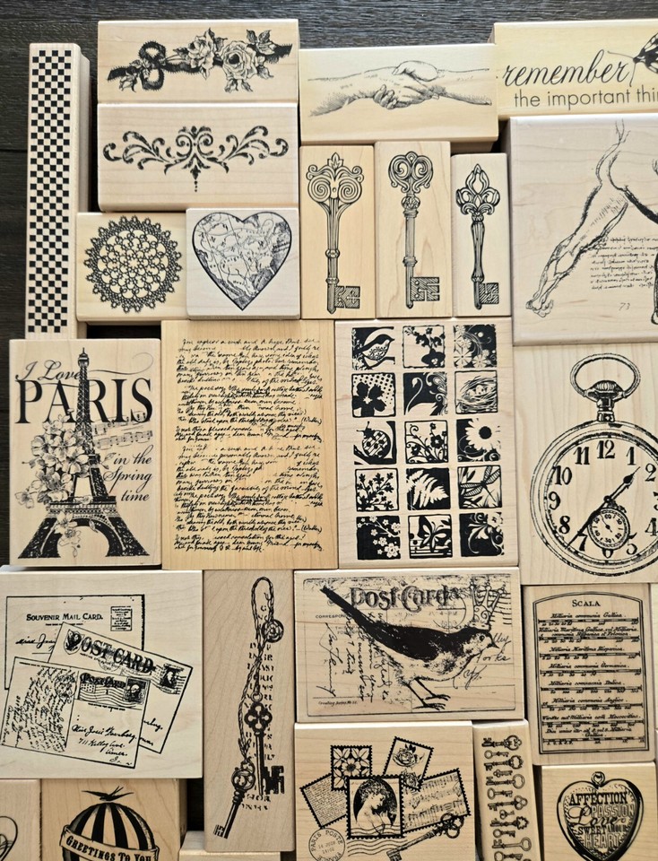 Rubber Stamp Lot 56 Collage Postal Background Text Key Altered Art Vtg
