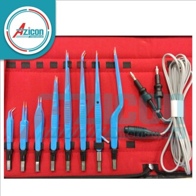 Set of 9pcs European Bipolar Forceps Premium Quality Blue & 3mtr Silicon Cord