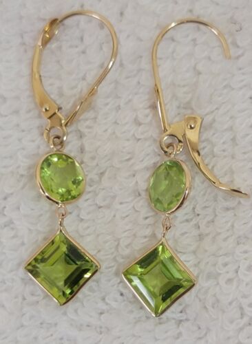 14K Yellow Gold Earrings With Genuine Peridot With Leverback - Picture 6 of 7