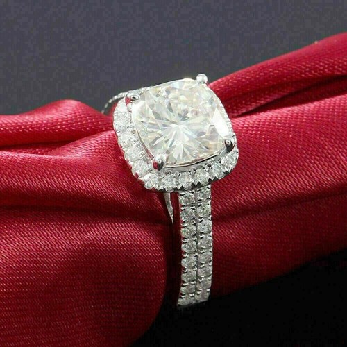 Fede nuziale aureola moissanite taglio cuscino 2,50 ct placcato oro bianco 14 kt argento - Foto 4 di 8