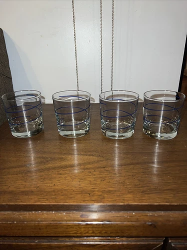 Vtg Mid Century Modern Set Of 4 Cocktail/ Whiskey Glasses Cobalt Blue Swirl mint