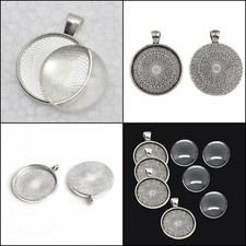 Silver Settings Round for Cabochons Locket Pendant with Clear Glass Cabochon